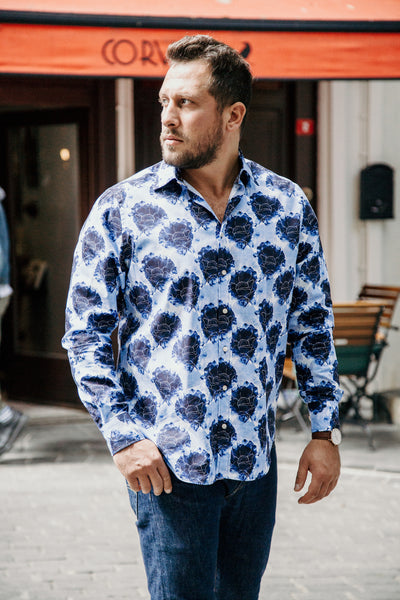 The GIRONA Men's Floral Print Blue Shirt