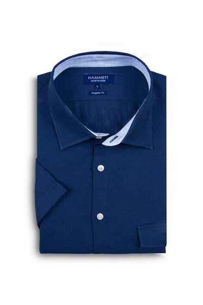 100% luxury linen navy short sleeve men's casual shirt with flap pocket