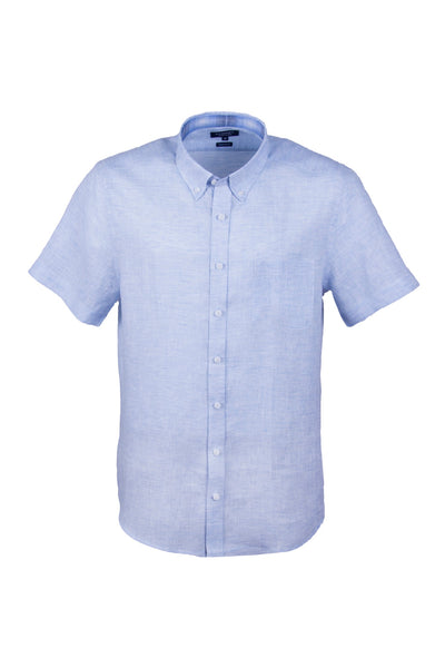 100% Luxury Linen Sky Blue Short Sleeve Men's Casual Button Down Shirt