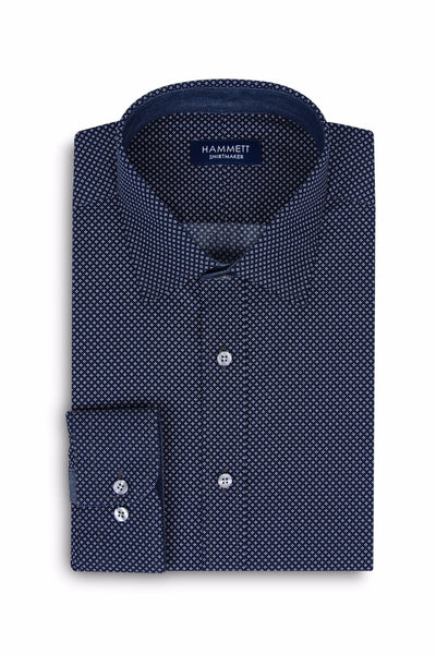 Navy Blue Poplin Micro Motif Print Smart Casual Men's Shirt