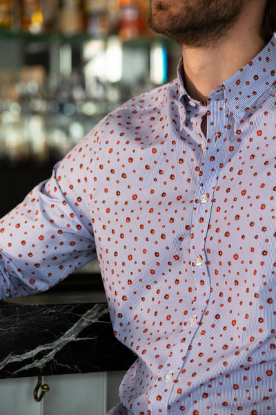 Men's blue stripe & floral motif print shirt