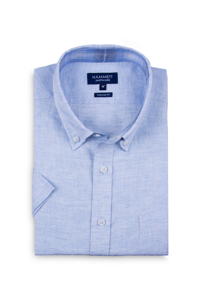 100% luxury linen sky blue short sleeve men's casual button down shirt