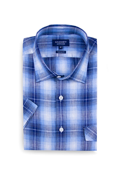100% luxury linen navy & blue check short sleeve men's casual shirt with flap pocket