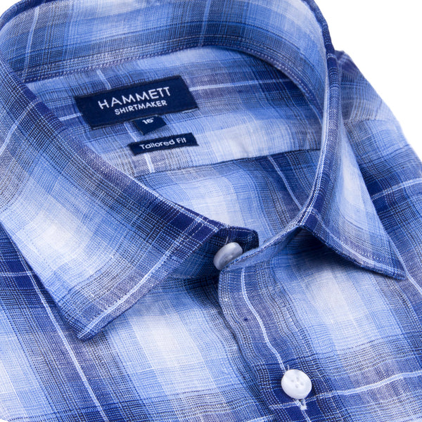 100% Luxury Linen Navy & Blue Check Short Sleeve Men's Casual Shirt With Flap Pocket