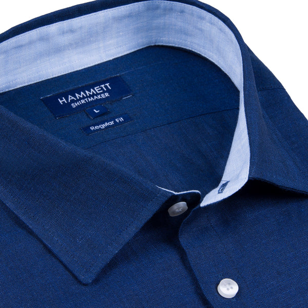 100% Luxury Linen Navy Short Sleeve Men's Casual Shirt With Flap Pocket
