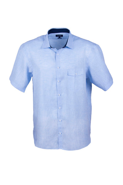100% Luxury Linen Mid Blue Short Sleeve Men's Casual Shirt With Flap Pocket