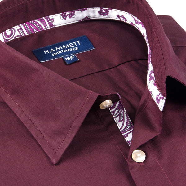 Dark Red Men's Shirt With Paisley Print Contrast Detail