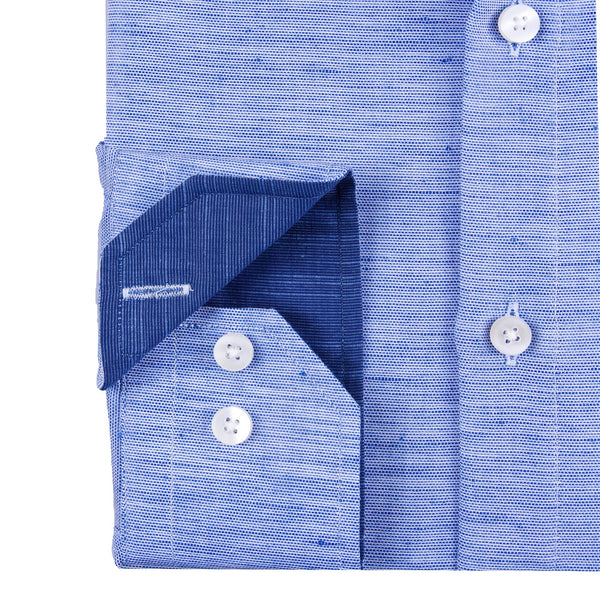 Blue Slub Effect Cotton Sophisticated Smart Casual Men's Shirt