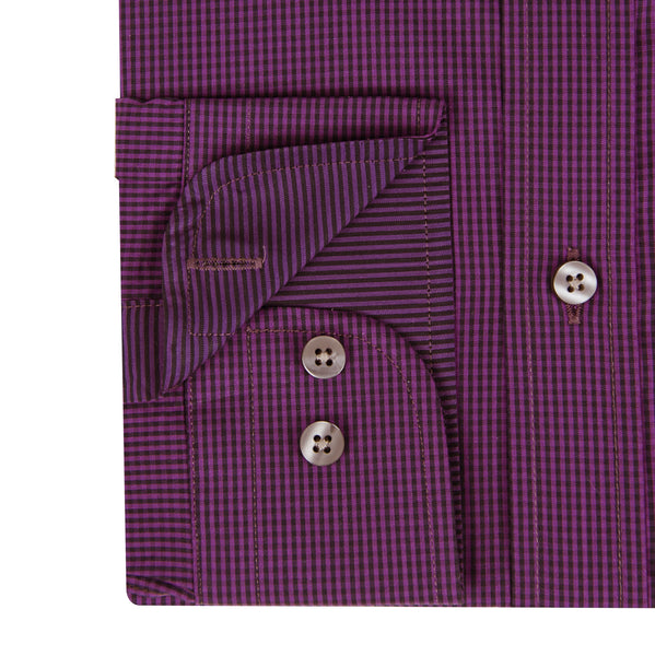 Purple & Black Mini Gingham Check Stretch Cotton Men's Shirt