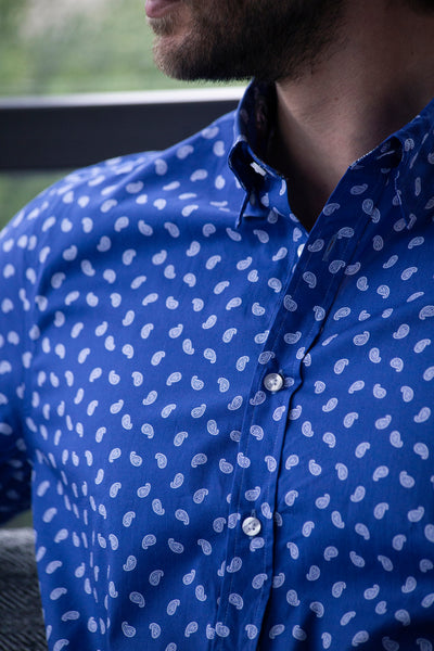 Men's blue and white mini paisley-print-shirt
